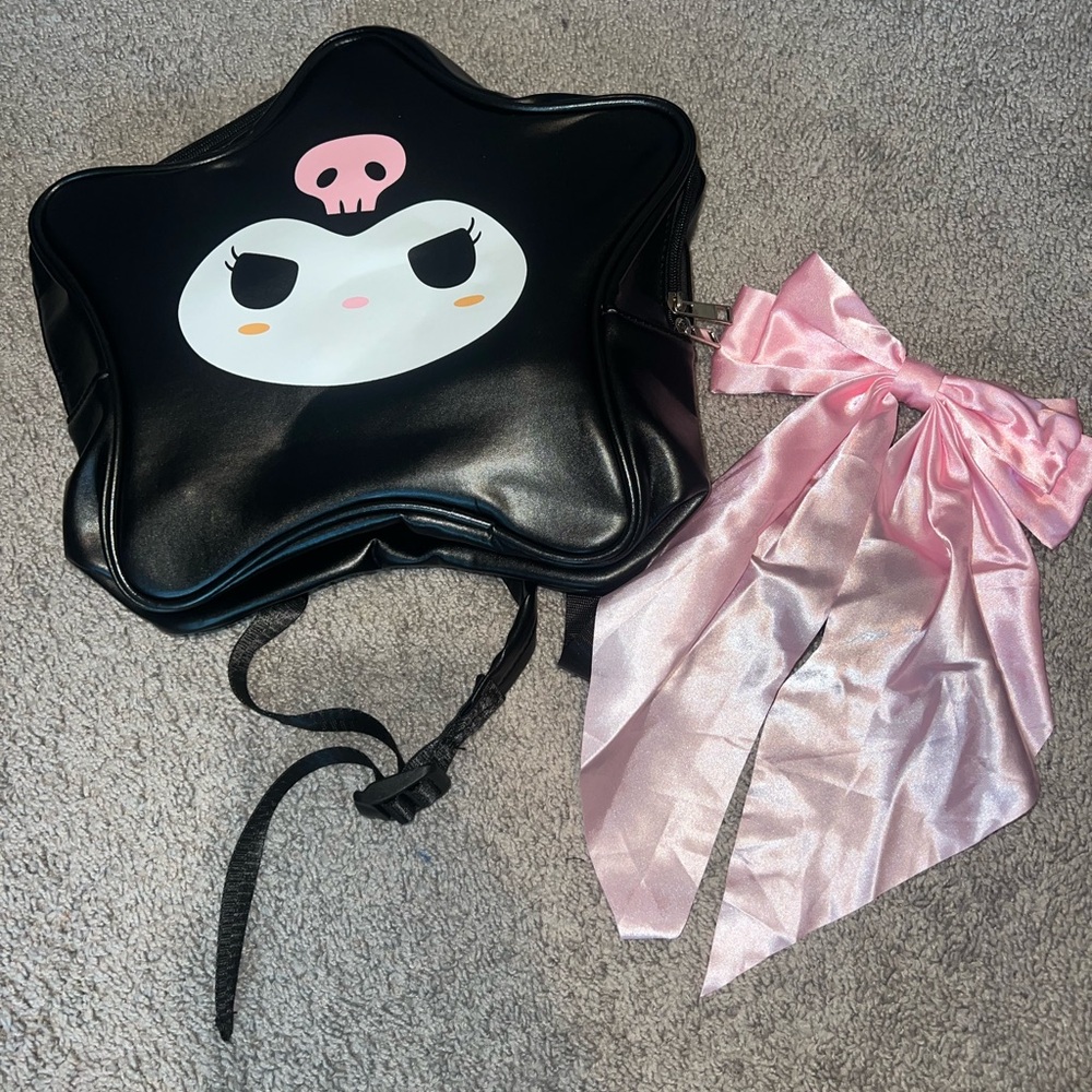 Black and Pink Kuromi Backpack with Bow